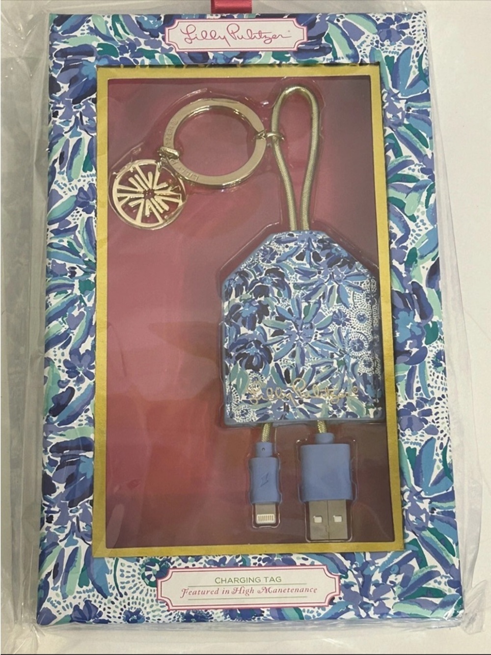 Lilly Pulitzer Charging Tag Keychain Blue Floral High Maintenance Micro USB-USB2
